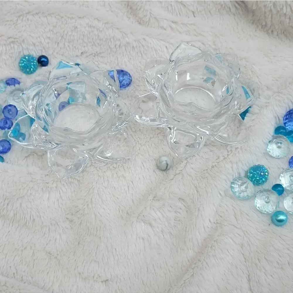 Lotus glass candle holders  with blue beads These are stunning! Pair of tabletop